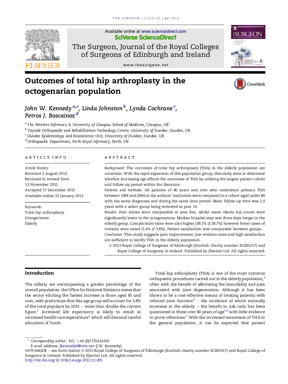 Outcomes of total hip arthroplasty in the octogenarian population