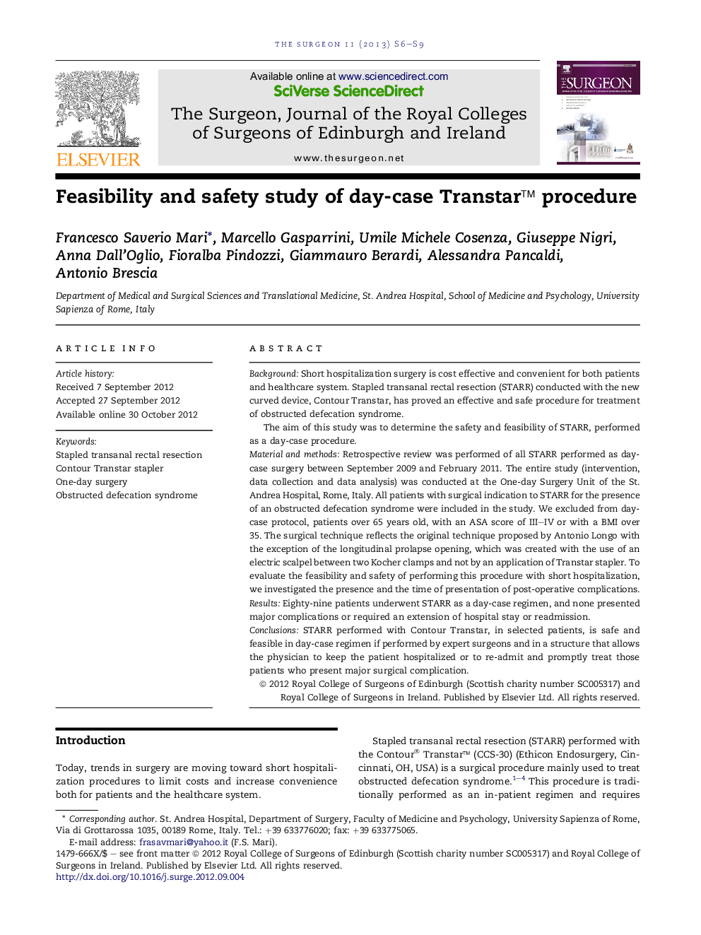 Feasibility and safety study of day-case Transtar™ procedure