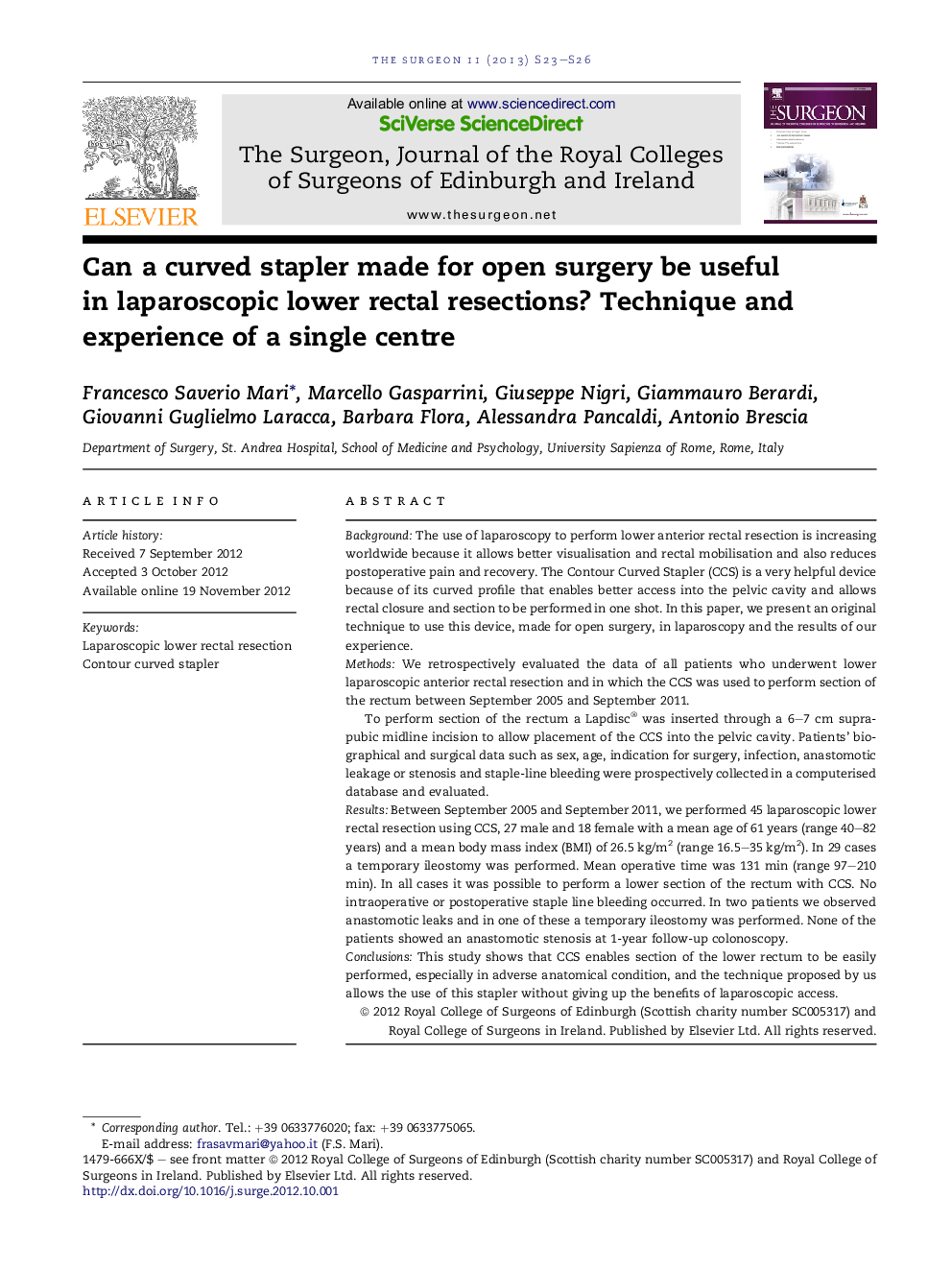 Can a curved stapler made for open surgery be useful in laparoscopic lower rectal resections? Technique and experience of a single centre