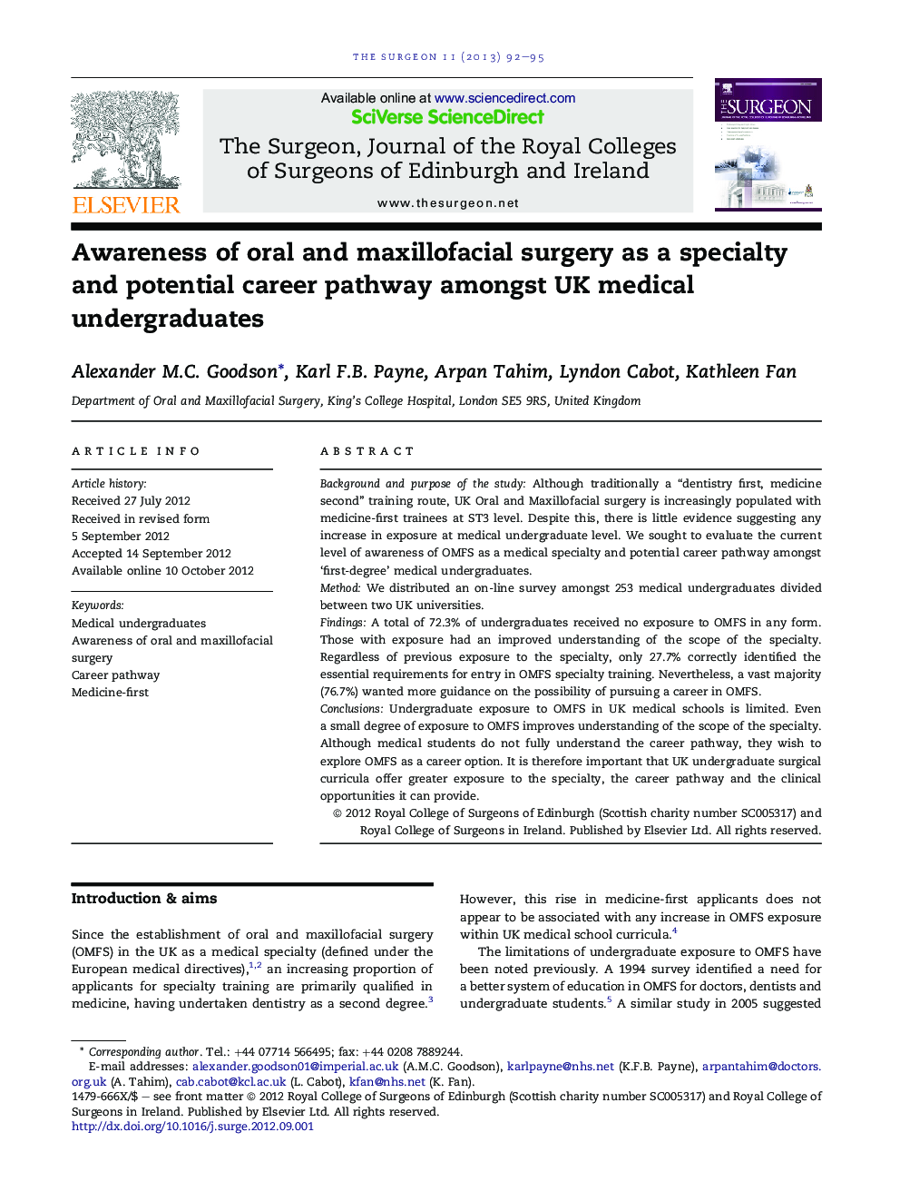 Awareness of oral and maxillofacial surgery as a specialty and potential career pathway amongst UK medical undergraduates