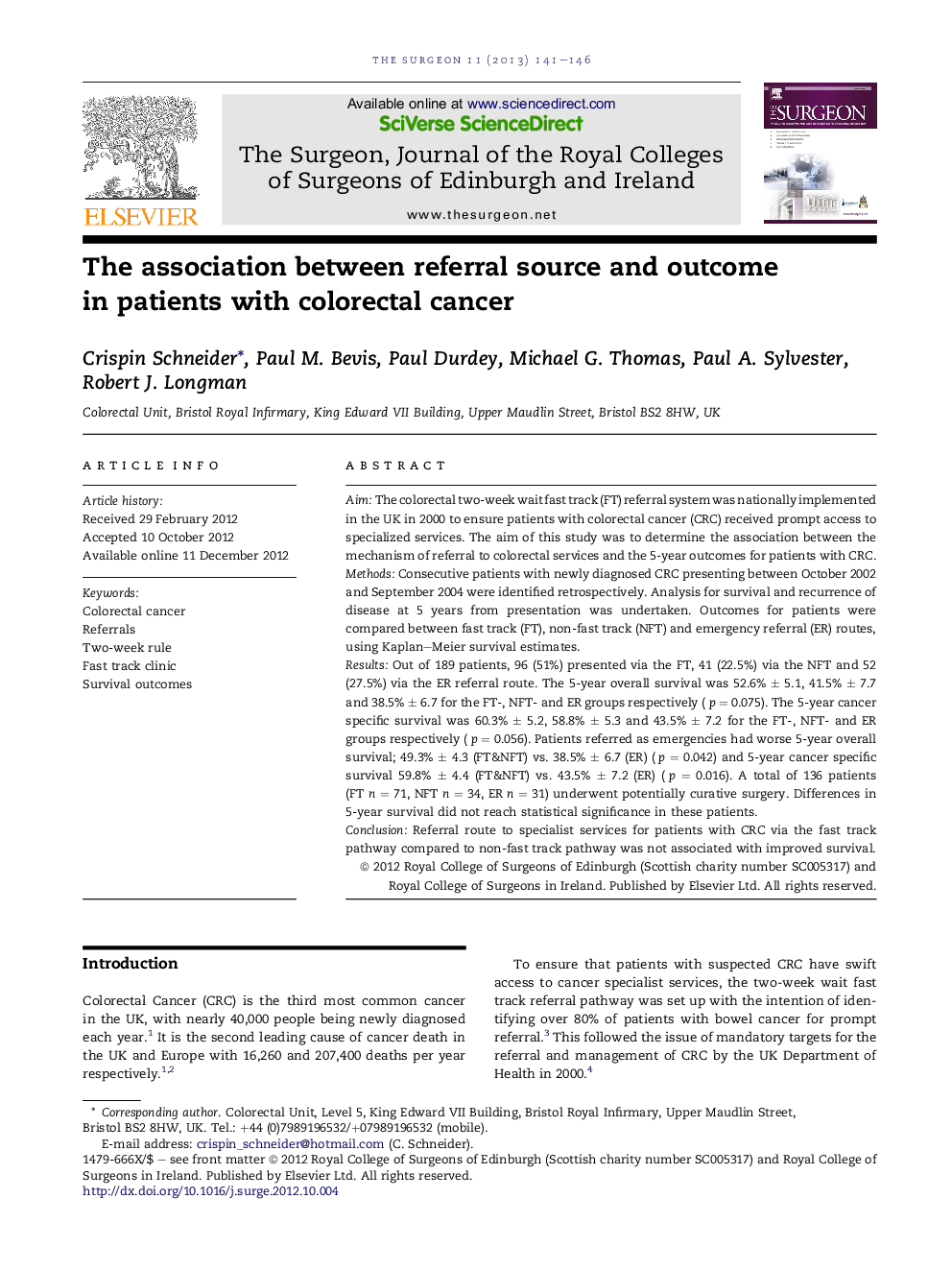 The association between referral source and outcome in patients with colorectal cancer