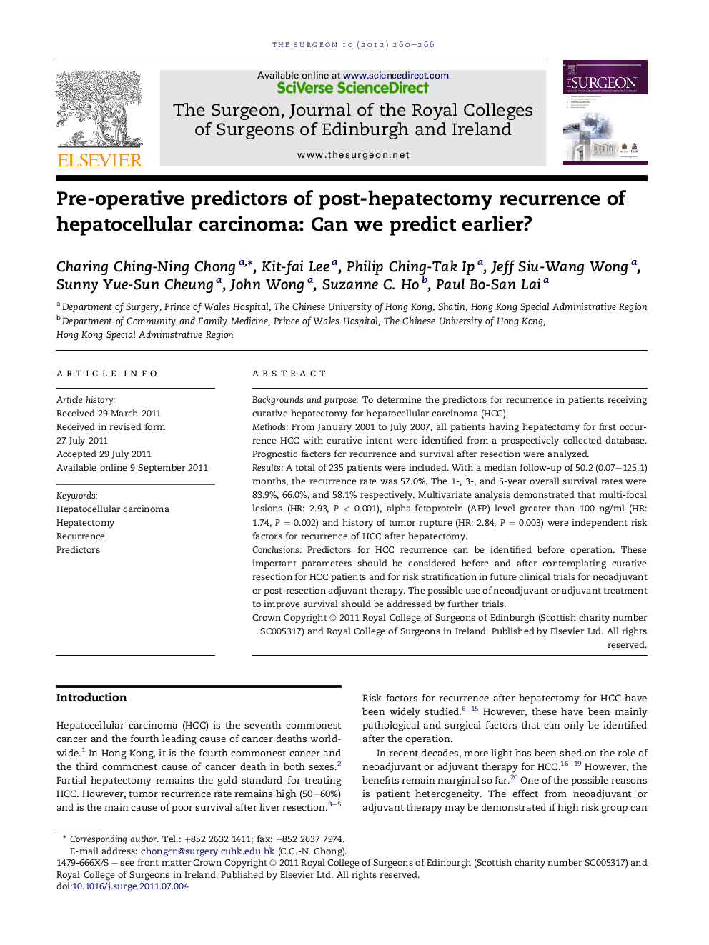 Pre-operative predictors of post-hepatectomy recurrence of hepatocellular carcinoma: Can we predict earlier?