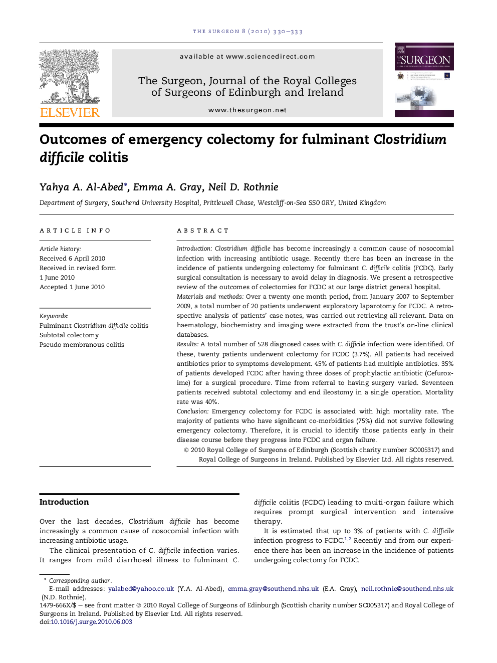 Outcomes of emergency colectomy for fulminant Clostridium difficile colitis