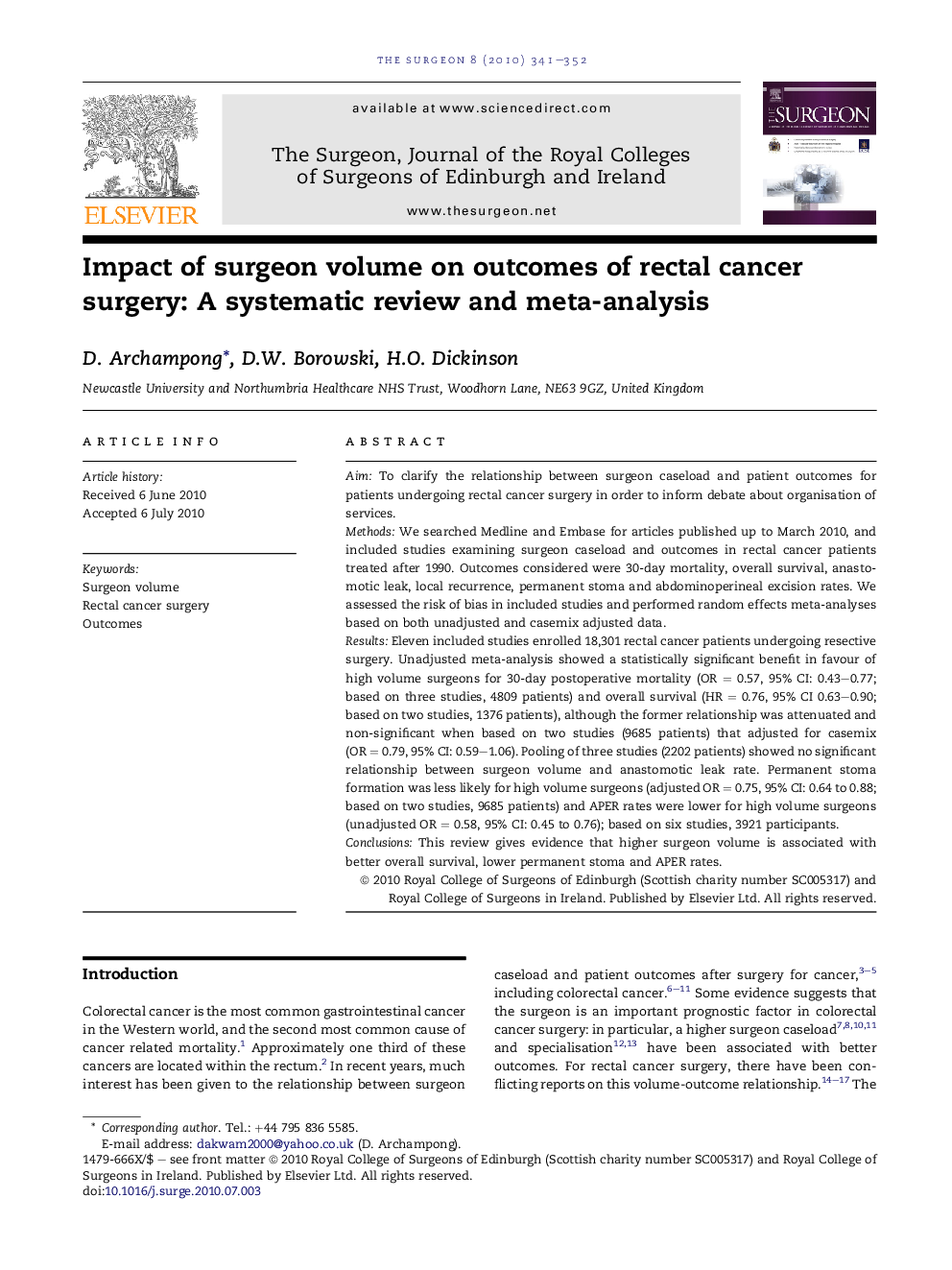 Impact of surgeon volume on outcomes of rectal cancer surgery: A systematic review and meta-analysis