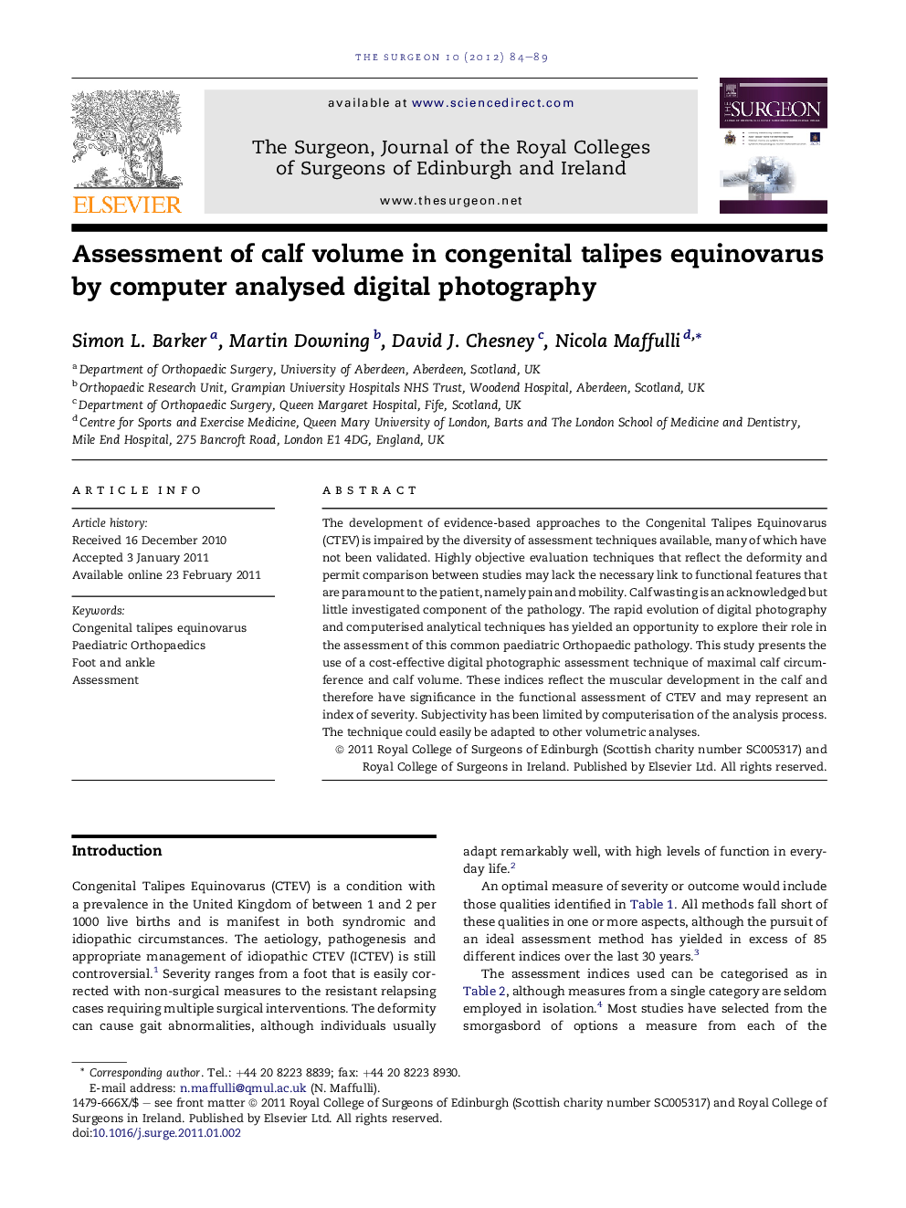 Assessment of calf volume in congenital talipes equinovarus by computer analysed digital photography