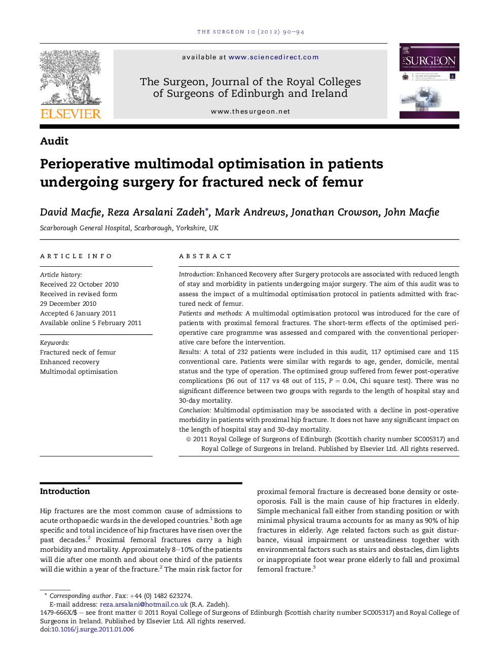 Perioperative multimodal optimisation in patients undergoing surgery for fractured neck of femur