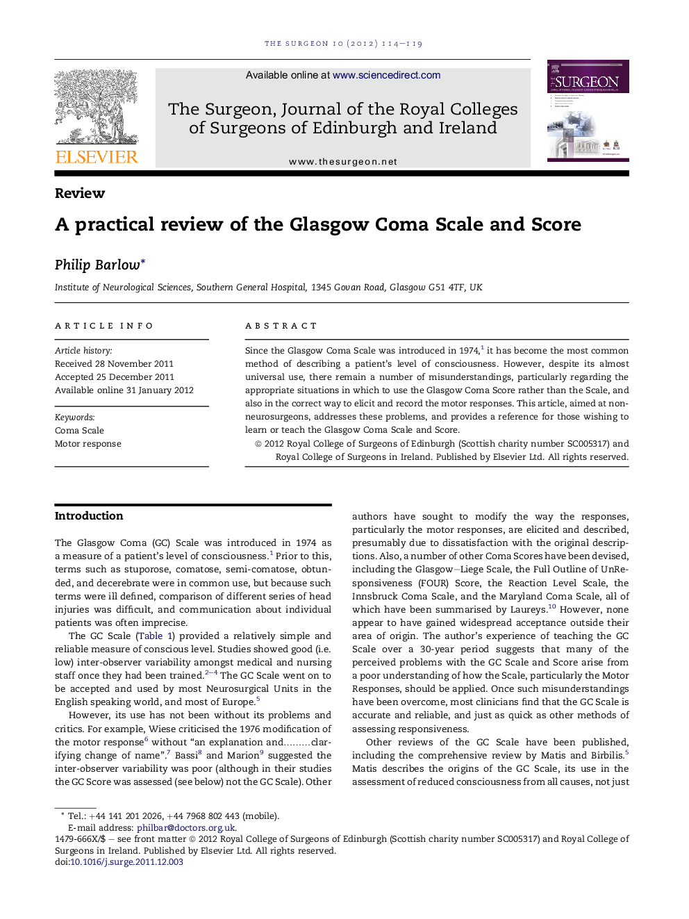 A practical review of the Glasgow Coma Scale and Score