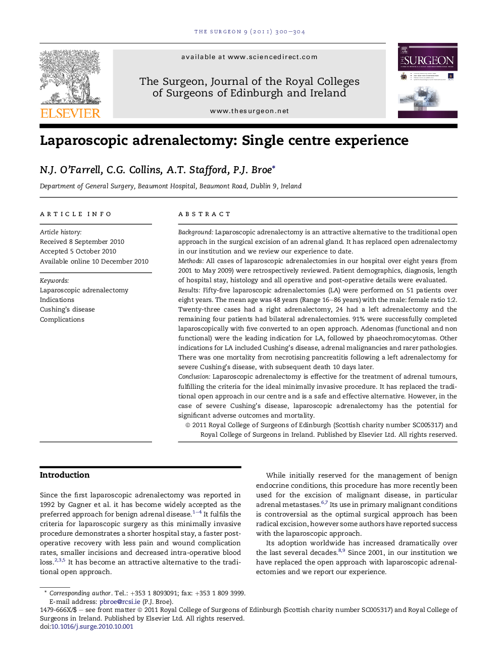 Laparoscopic adrenalectomy: Single centre experience