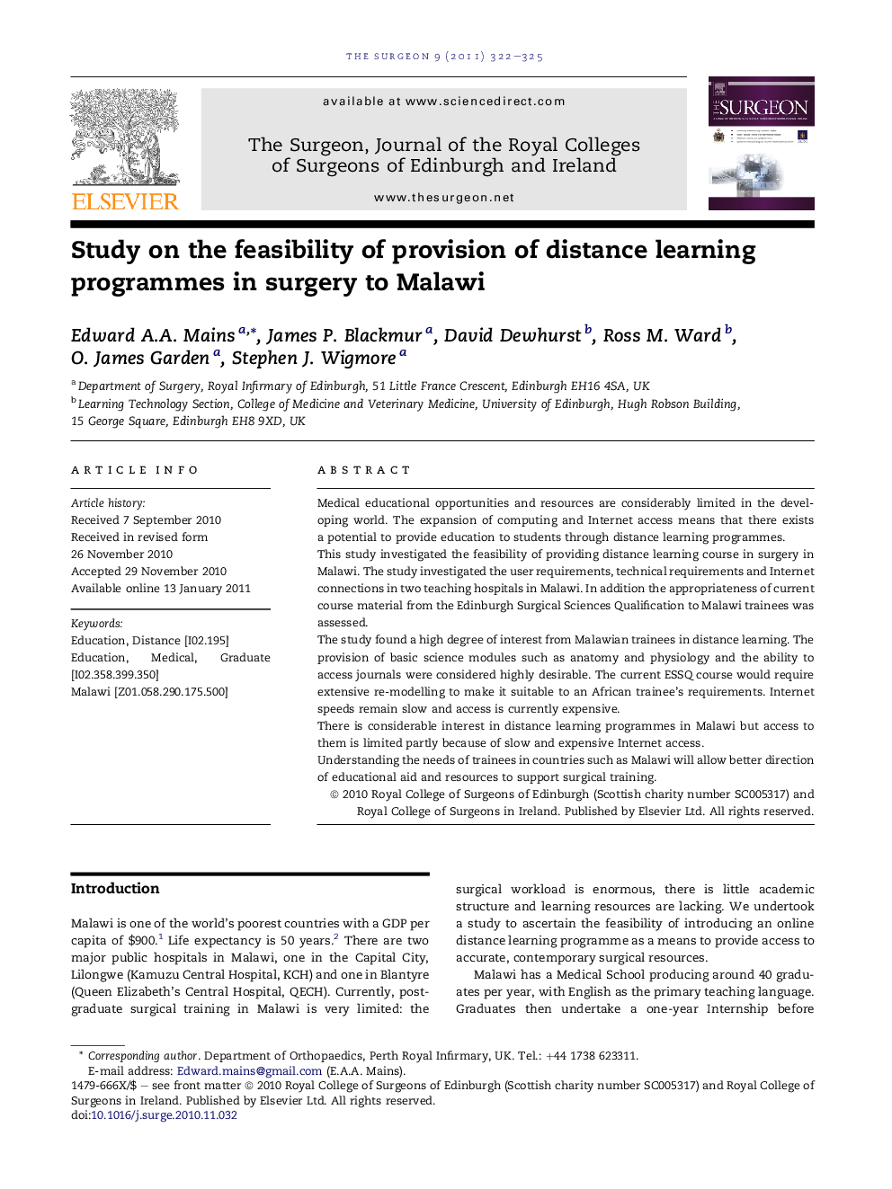 Study on the feasibility of provision of distance learning programmes in surgery to Malawi