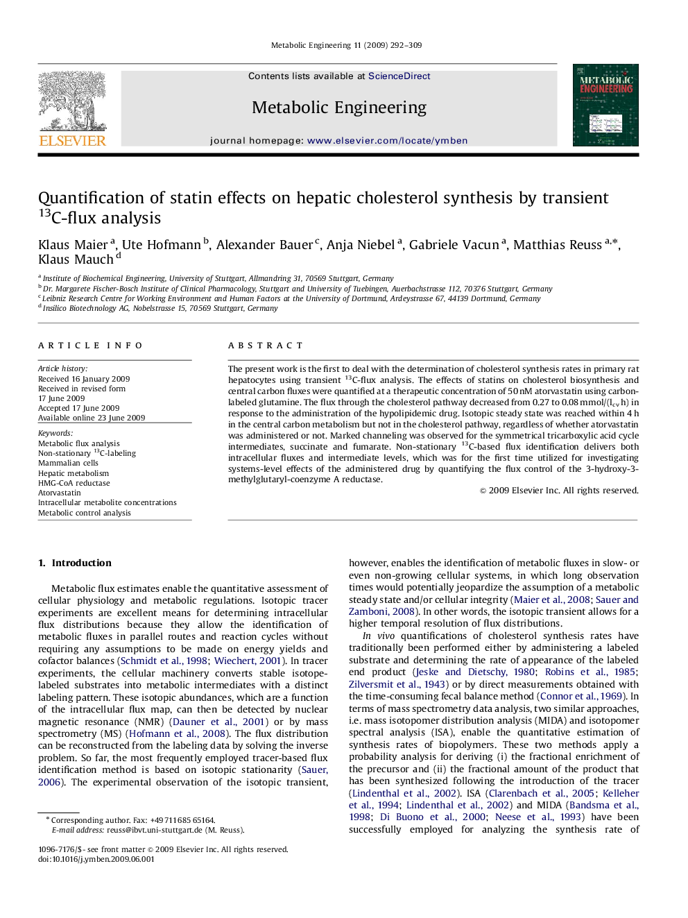 Quantification of statin effects on hepatic cholesterol synthesis by transient 13C-flux analysis