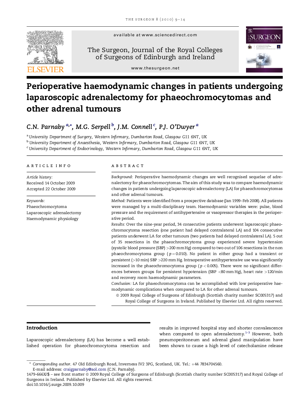 Perioperative haemodynamic changes in patients undergoing laparoscopic adrenalectomy for phaeochromocytomas and other adrenal tumours