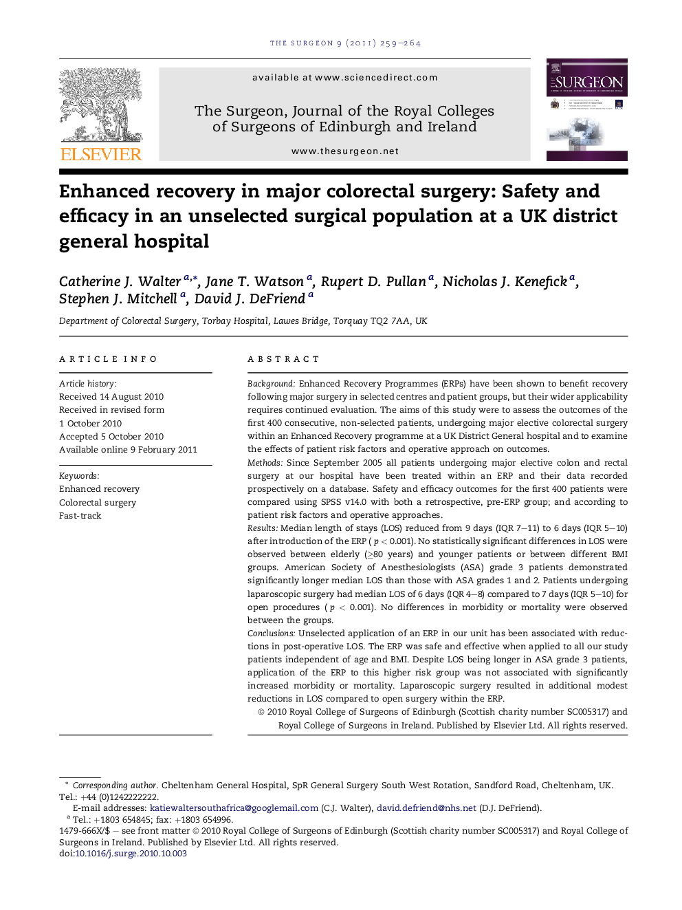 Enhanced recovery in major colorectal surgery: Safety and efficacy in an unselected surgical population at a UK district general hospital