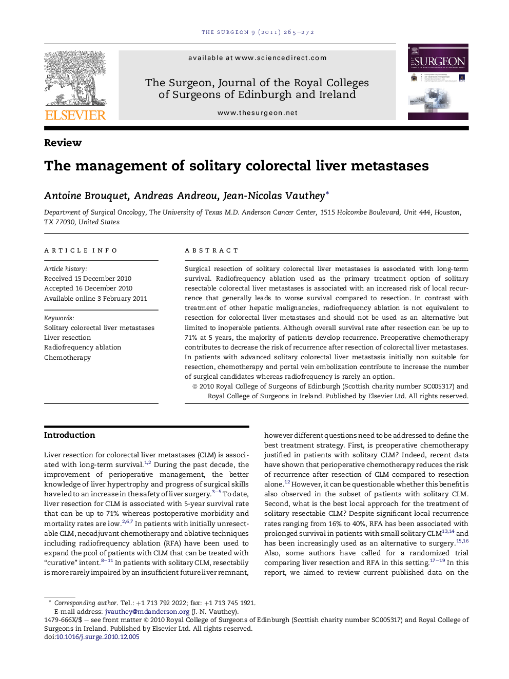 The management of solitary colorectal liver metastases