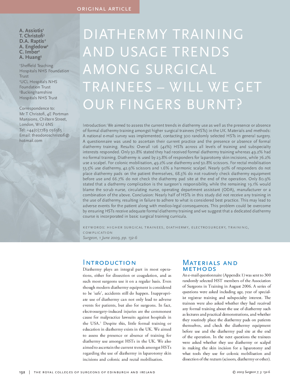 عکس صفحه اول مقاله: Diathermy training and usage trends among surgical trainees — will we get our fingers burnt? Diathermy training and usage trends among surgical trainees — will we get our fingers burnt?