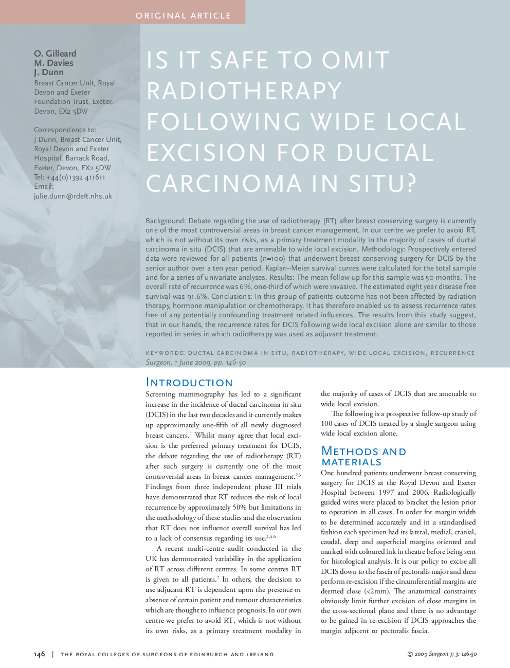 عکس صفحه اول مقاله: Is it safe to omit radiotherapy following wide local excision for ductal carcinoma in situ? Is it safe to omit radiotherapy following wide local excision for ductal carcinoma in situ?
