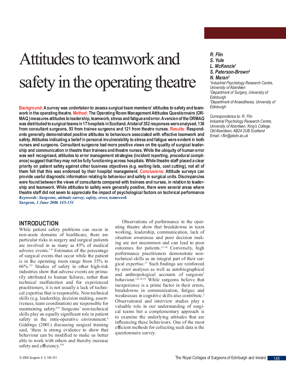 Attitudes to teamwork and safety in the operating theatre