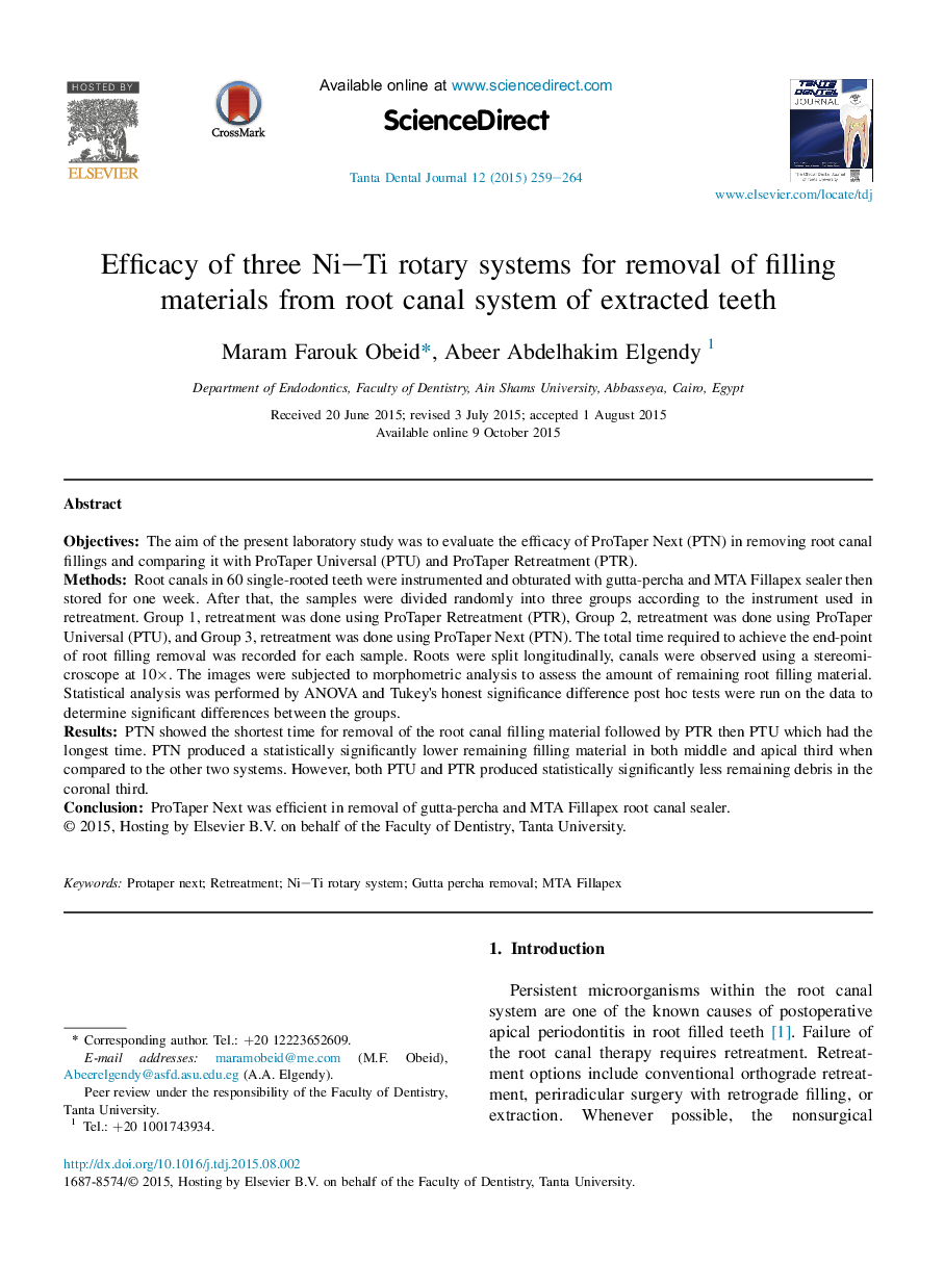 Efficacy of three Ni–Ti rotary systems for removal of filling materials from root canal system of extracted teeth 