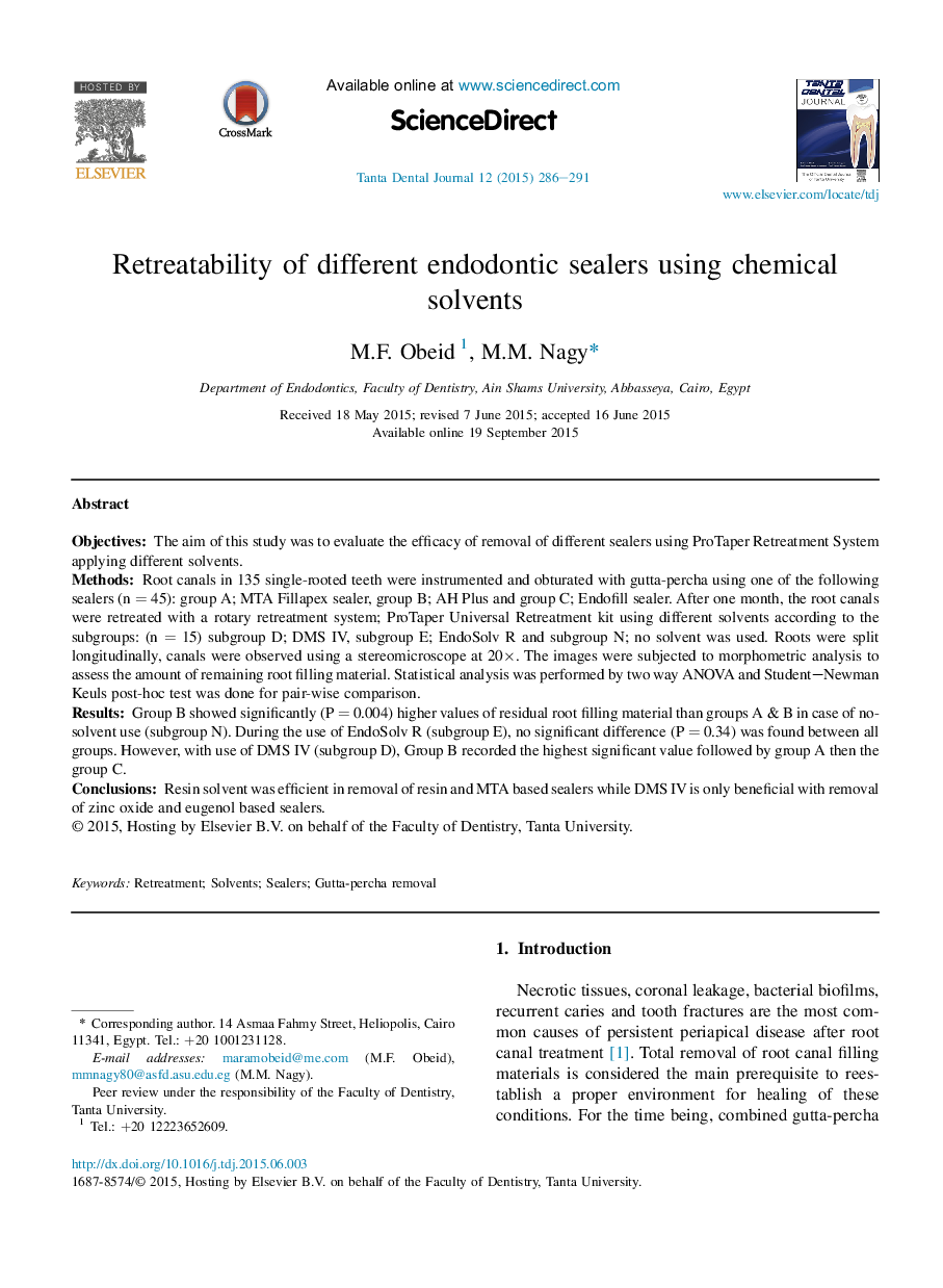 Retreatability of different endodontic sealers using chemical solvents 