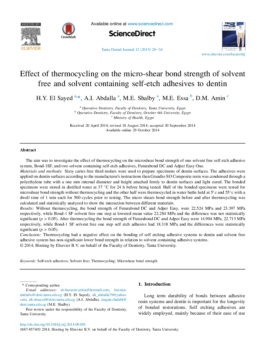 Effect of thermocycling on the micro-shear bond strength of solvent free and solvent containing self-etch adhesives to dentin 