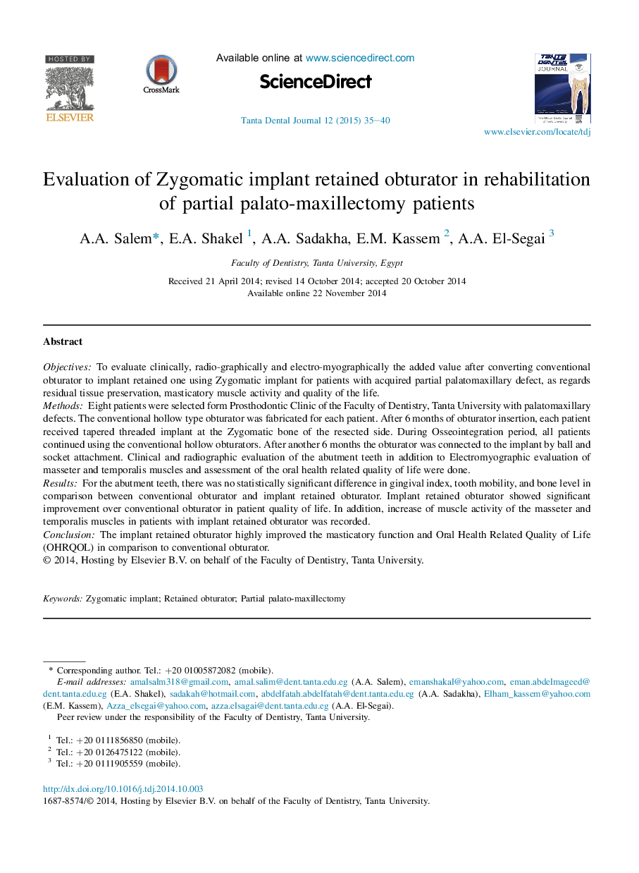 Evaluation of Zygomatic implant retained obturator in rehabilitation of partial palato-maxillectomy patients 