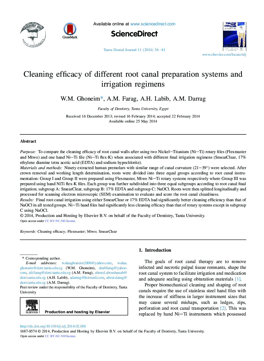 Cleaning efficacy of different root canal preparation systems and irrigation regimens 