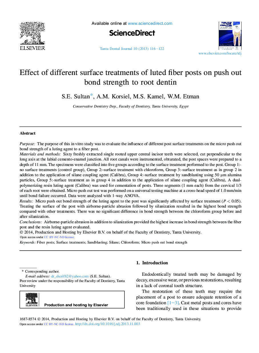 Effect of different surface treatments of luted fiber posts on push out bond strength to root dentin 