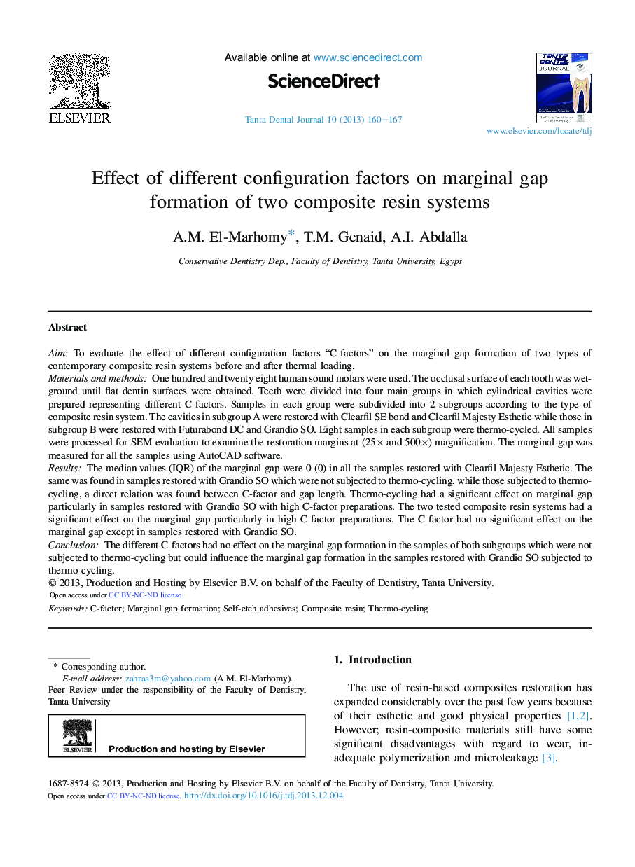 Effect of different configuration factors on marginal gap formation of two composite resin systems 