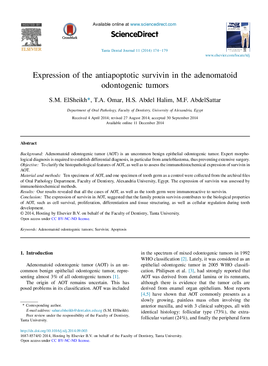 Expression of the antiapoptotic survivin in the adenomatoid odontogenic tumors 