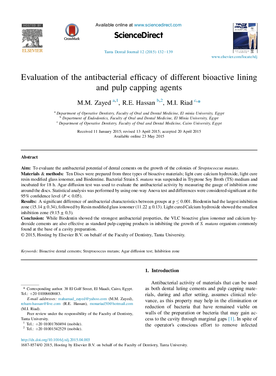 Evaluation of the antibacterial efficacy of different bioactive lining and pulp capping agents 