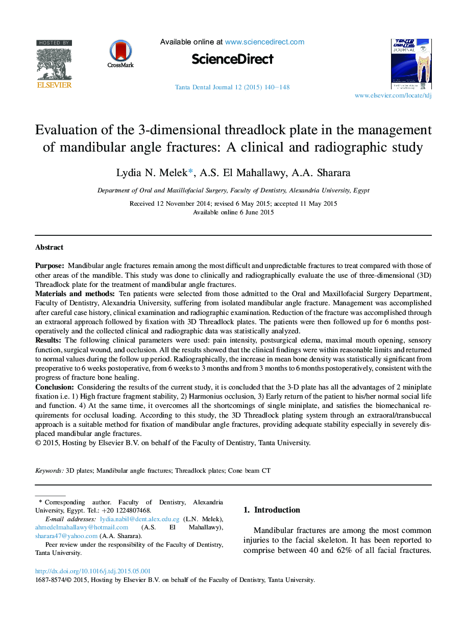 Evaluation of the 3-dimensional threadlock plate in the management of mandibular angle fractures: A clinical and radiographic study 