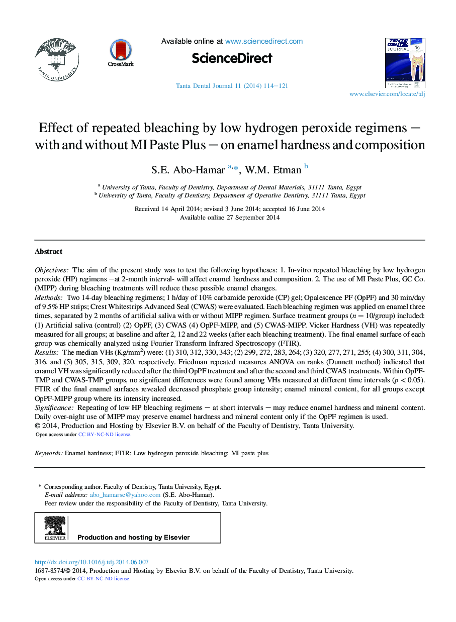 Effect of repeated bleaching by low hydrogen peroxide regimens – with and without MI Paste Plus – on enamel hardness and composition 