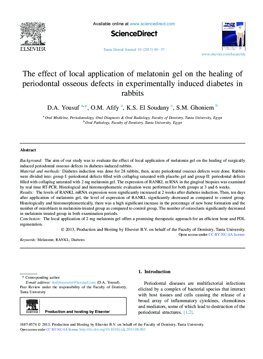 The effect of local application of melatonin gel on the healing of periodontal osseous defects in experimentally induced diabetes in rabbits 