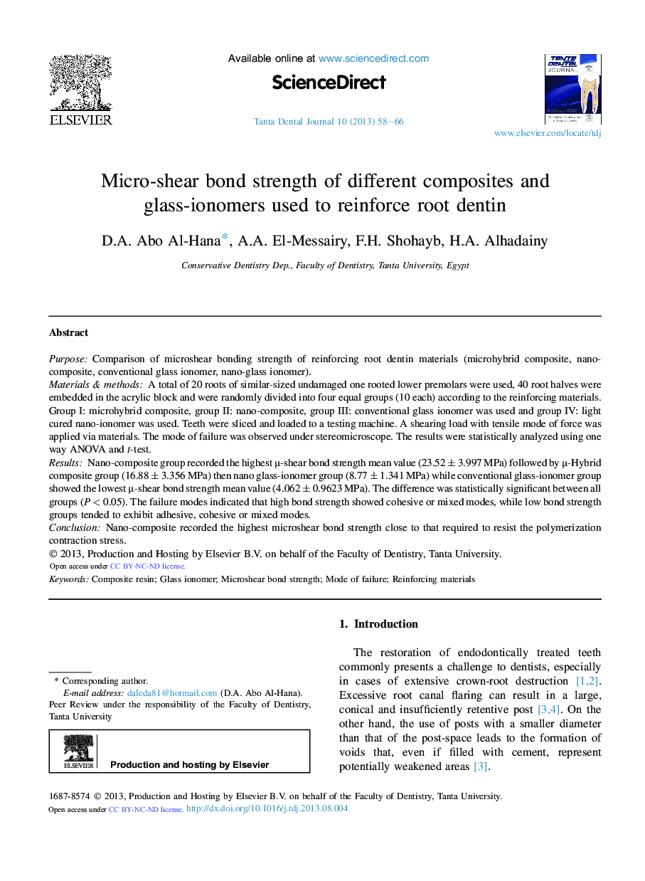 Micro-shear bond strength of different composites and glass-ionomers used to reinforce root dentin 