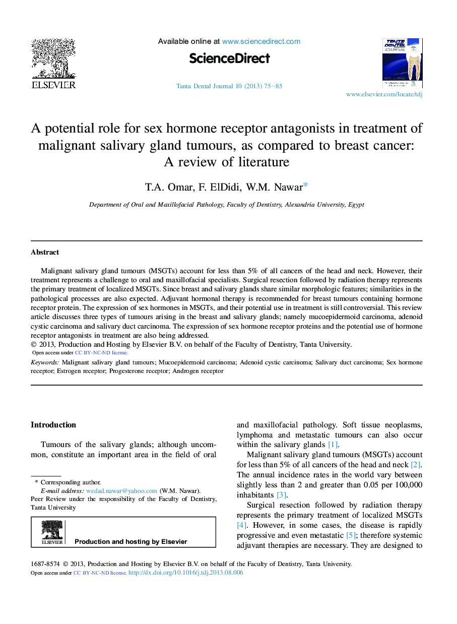 A potential role for sex hormone receptor antagonists in treatment of malignant salivary gland tumours, as compared to breast cancer: A review of literature 