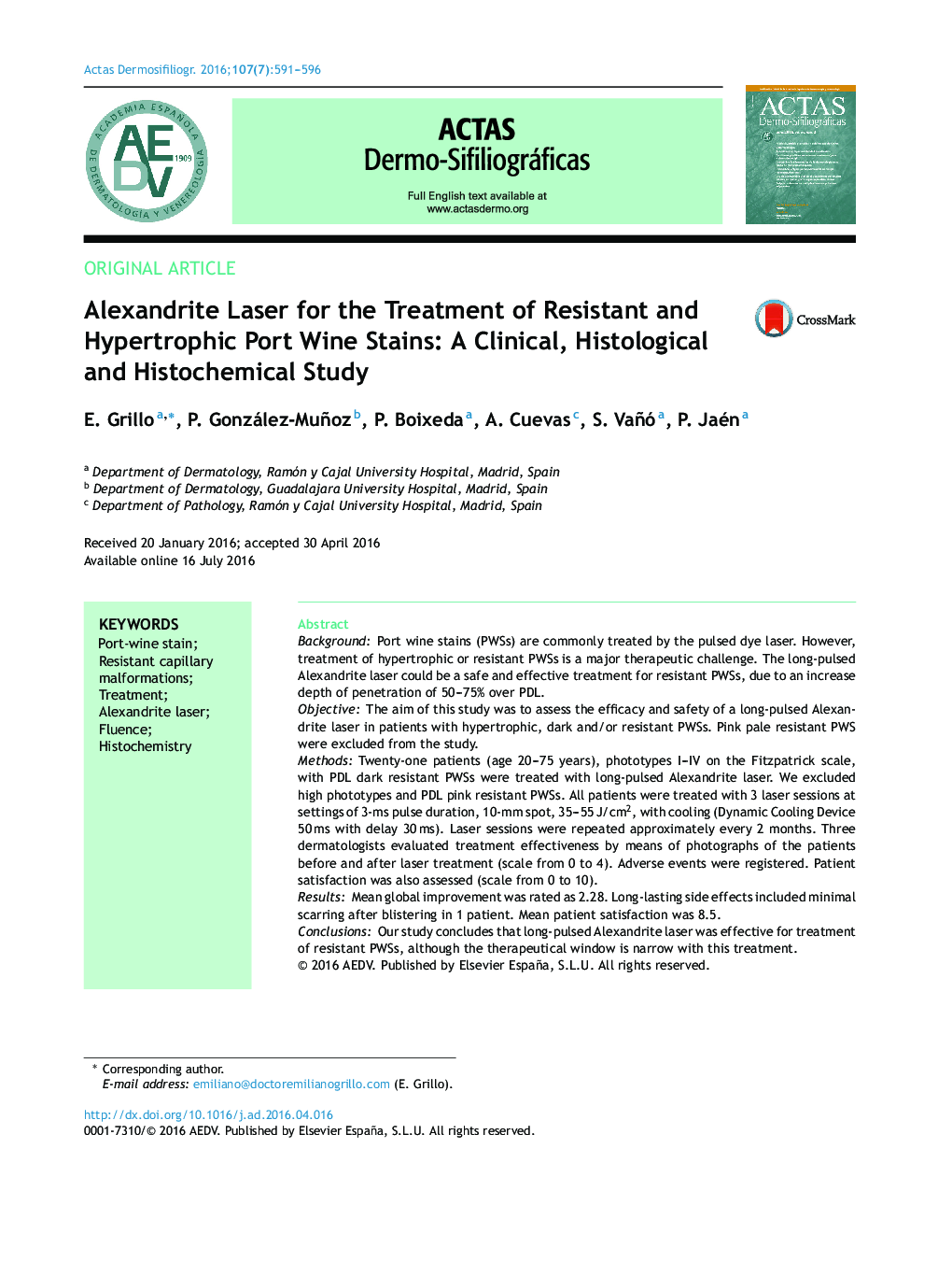 Alexandrite Laser for the Treatment of Resistant and Hypertrophic Port Wine Stains: A Clinical, Histological and Histochemical Study