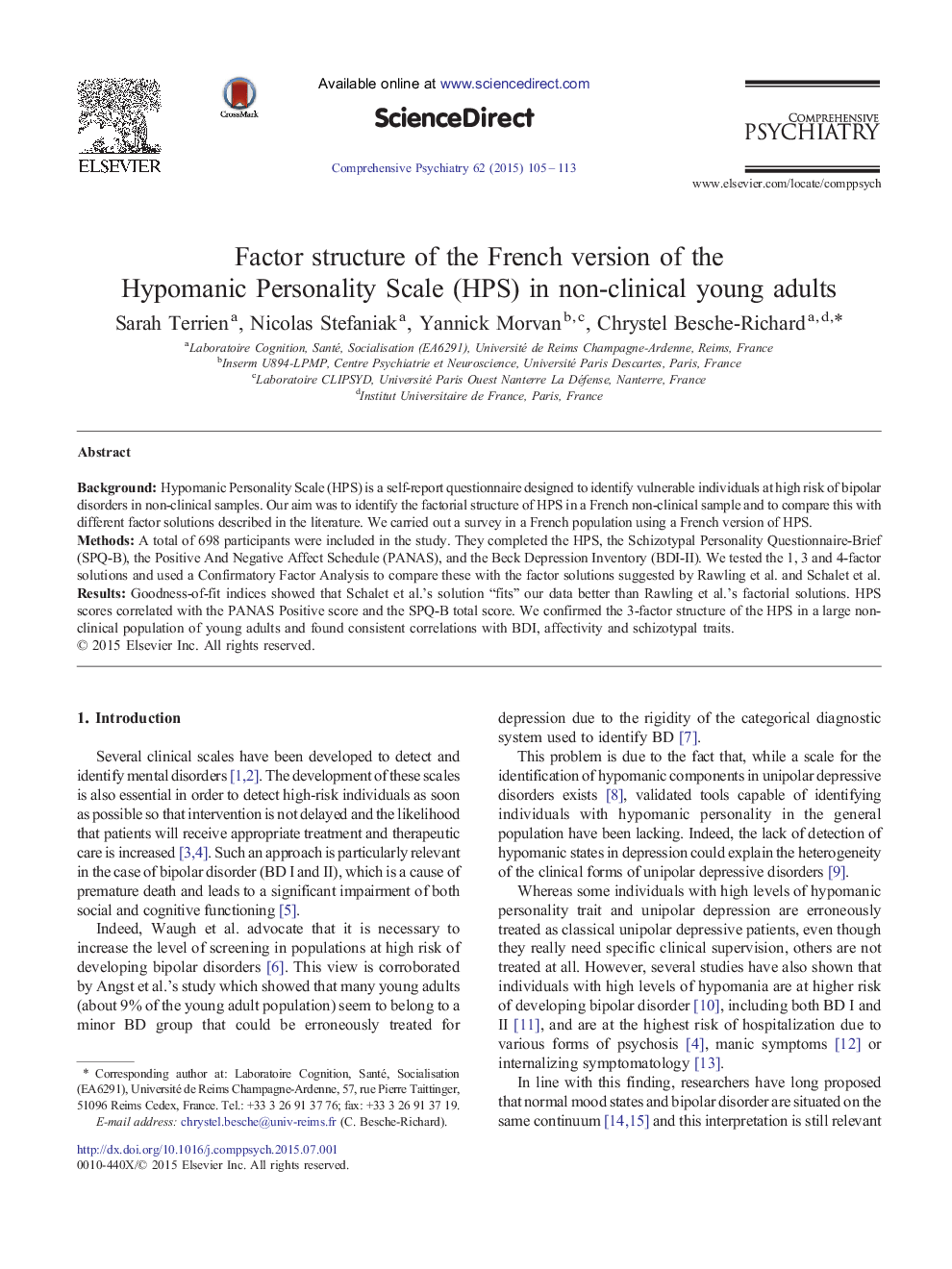 عکس صفحه اول مقاله: Factor structure of the French version of the Hypomanic Personality Scale (HPS) in non-clinical young adults Factor structure of the French version of the Hypomanic Personality Scale (HPS) in non-clinical young adults