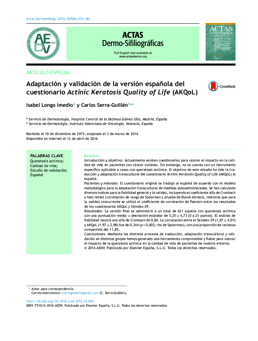Adaptación y validación de la versión española del cuestionario Actinic Keratosis Quality of Life (AKQoL)