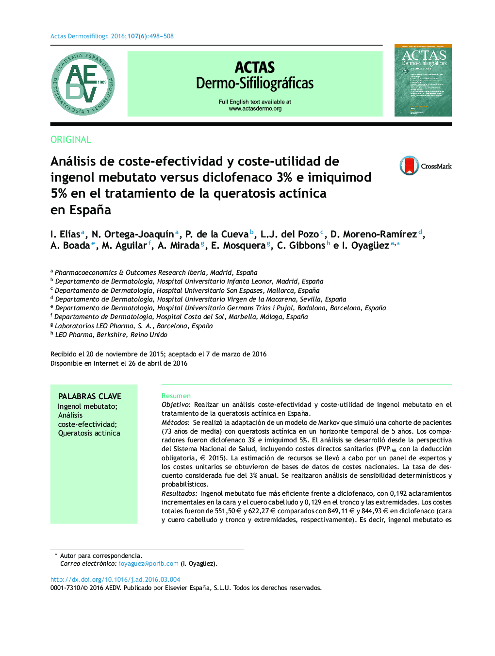 Análisis de coste-efectividad y coste-utilidad de ingenol mebutato versus diclofenaco 3% e imiquimod 5% en el tratamiento de la queratosis actínica en España