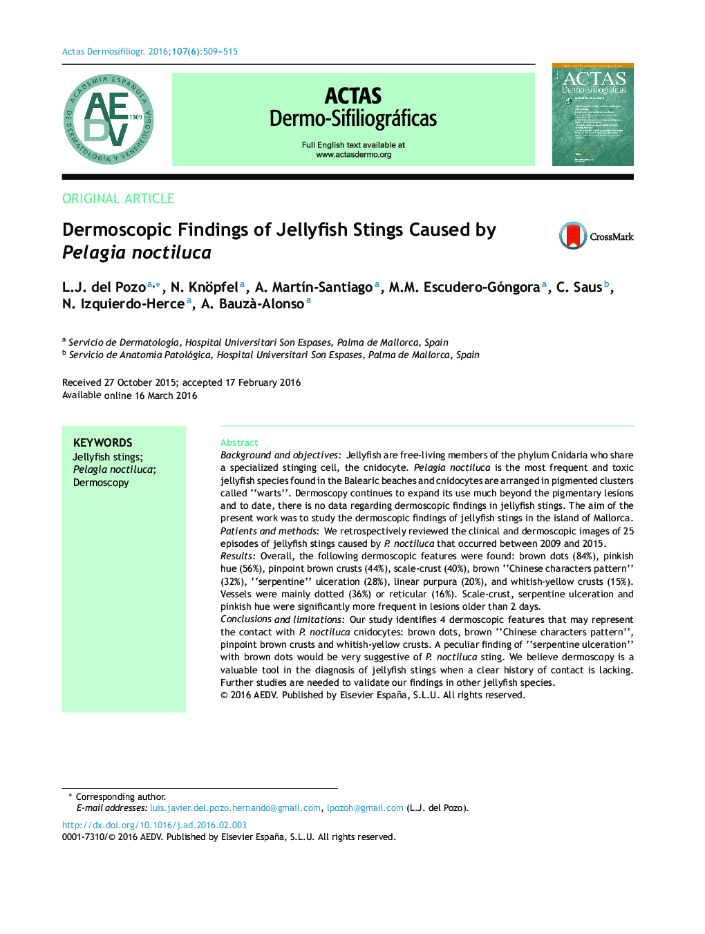 Dermoscopic Findings of Jellyfish Stings Caused by Pelagia noctiluca