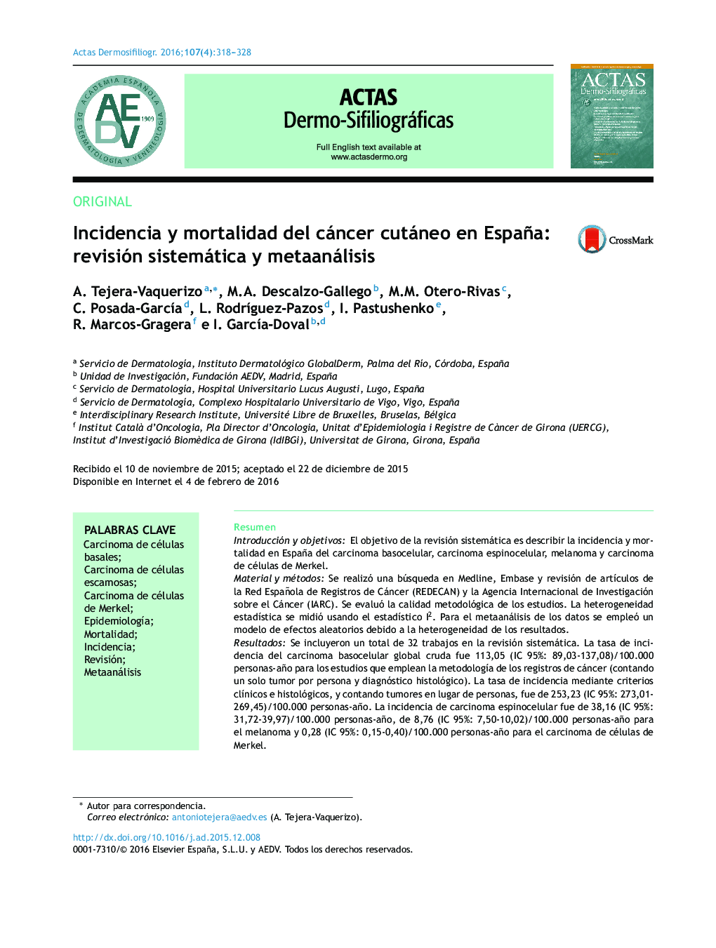 Incidencia y mortalidad del cáncer cutáneo en España: revisión sistemática y metaanálisis