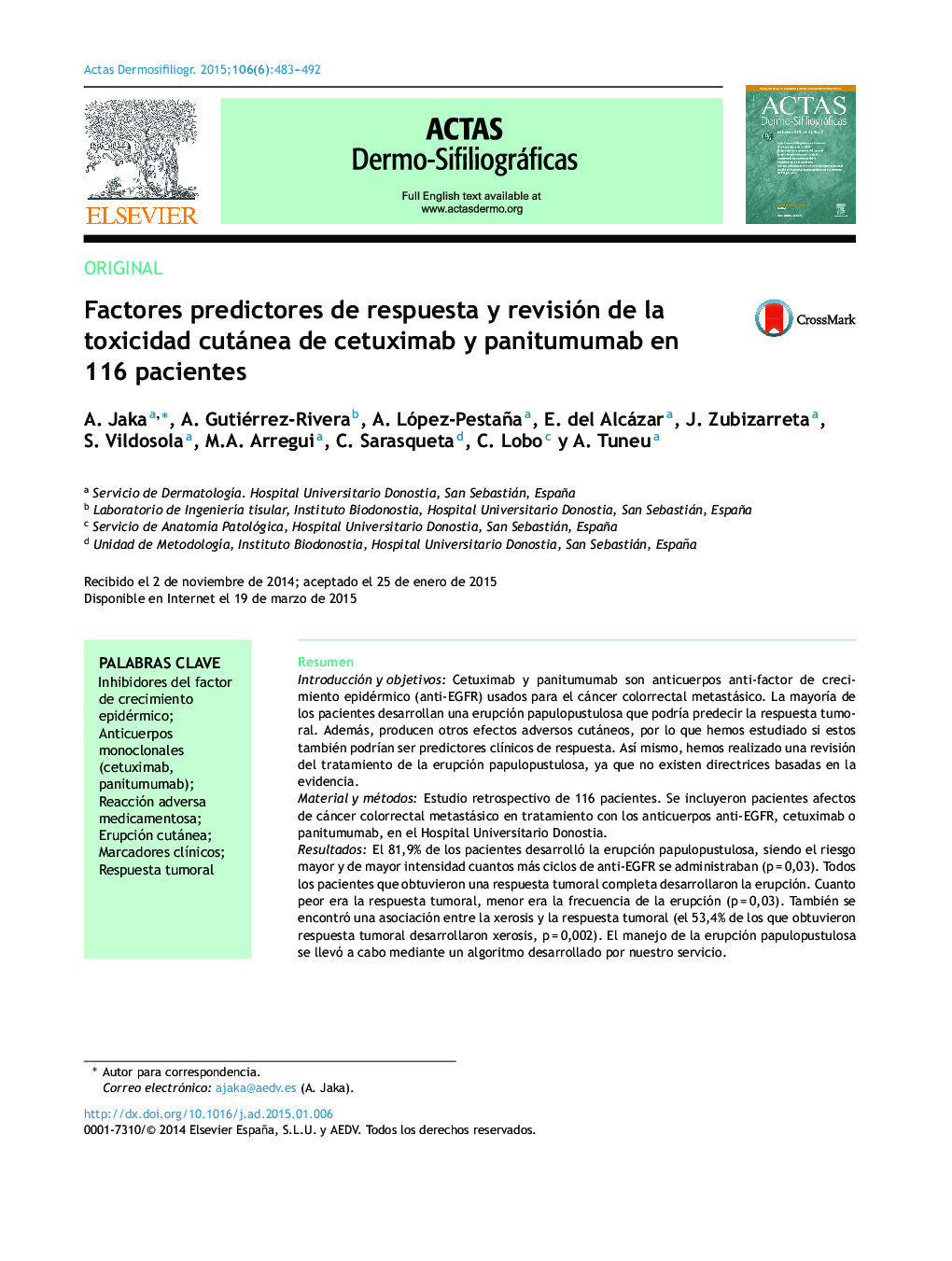 Factores predictores de respuesta y revisión de la toxicidad cutánea de cetuximab y panitumumab en 116 pacientes