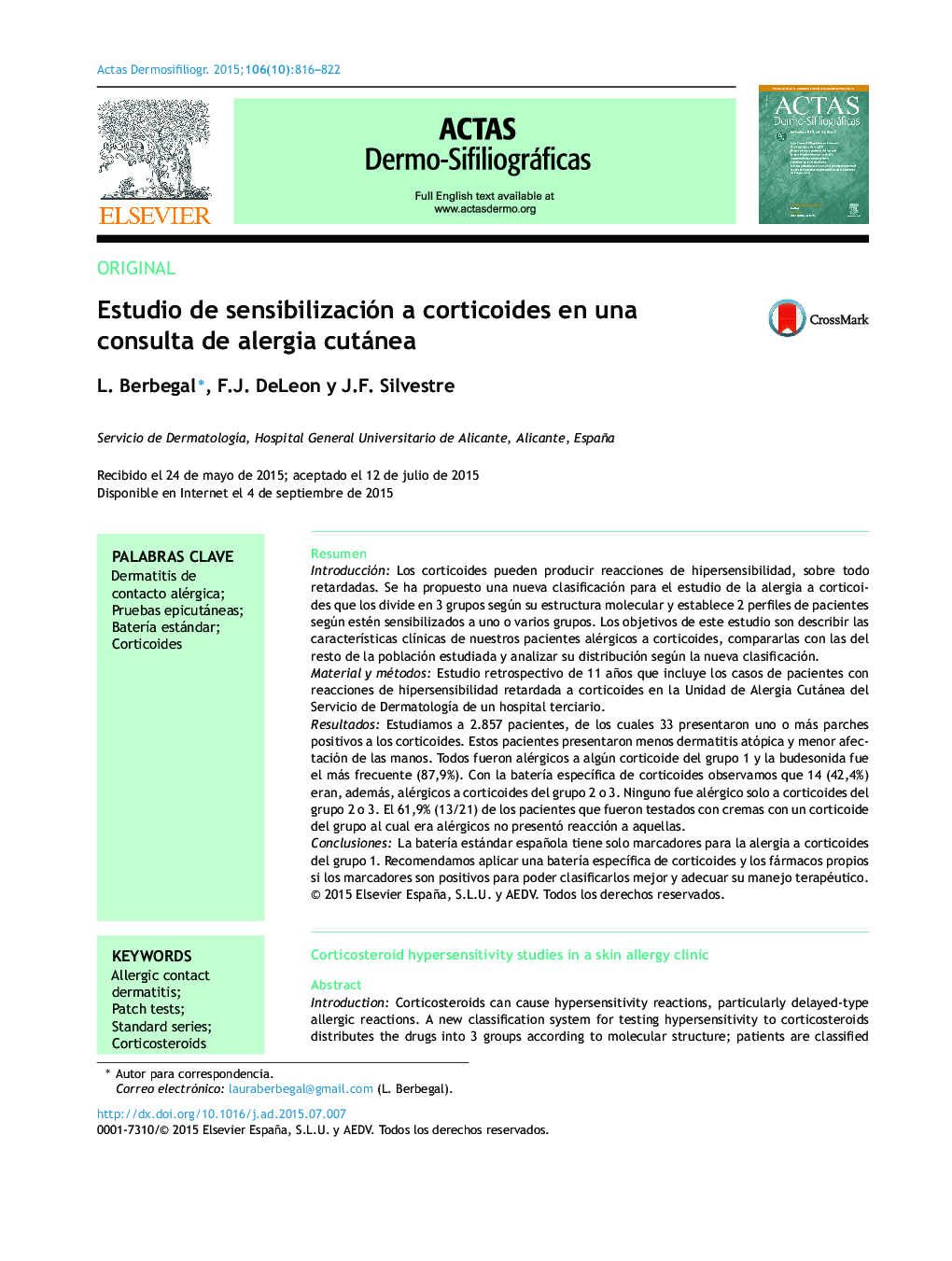 Estudio de sensibilización a corticoides en una consulta de alergia cutánea