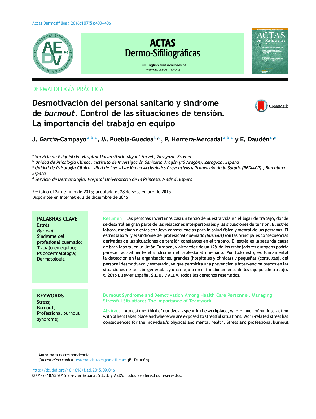 Desmotivación del personal sanitario y síndrome de burnout. Control de las situaciones de tensión. La importancia del trabajo en equipo