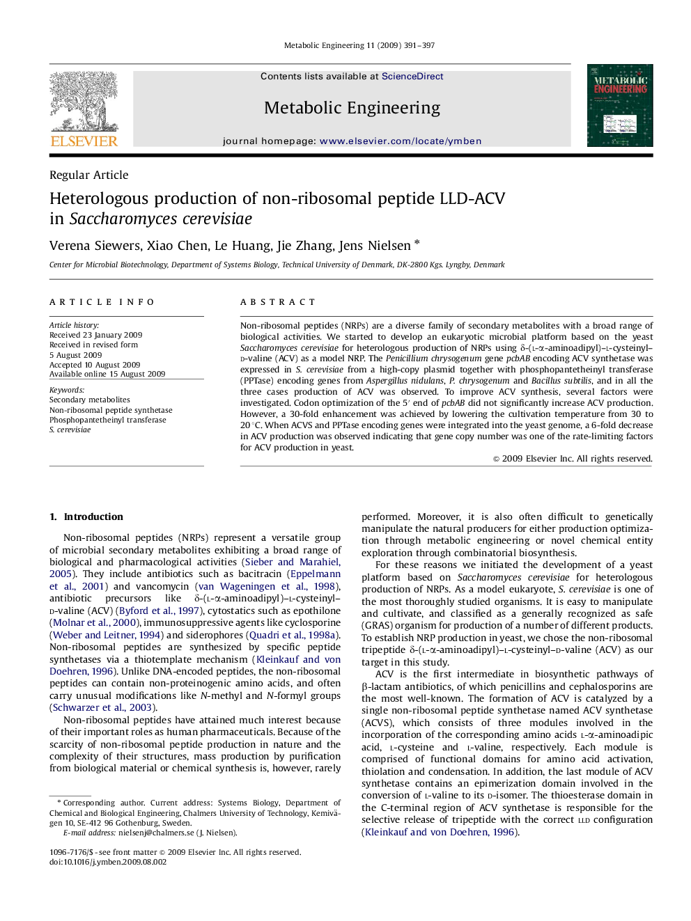 Heterologous production of non-ribosomal peptide LLD-ACV in Saccharomyces cerevisiae