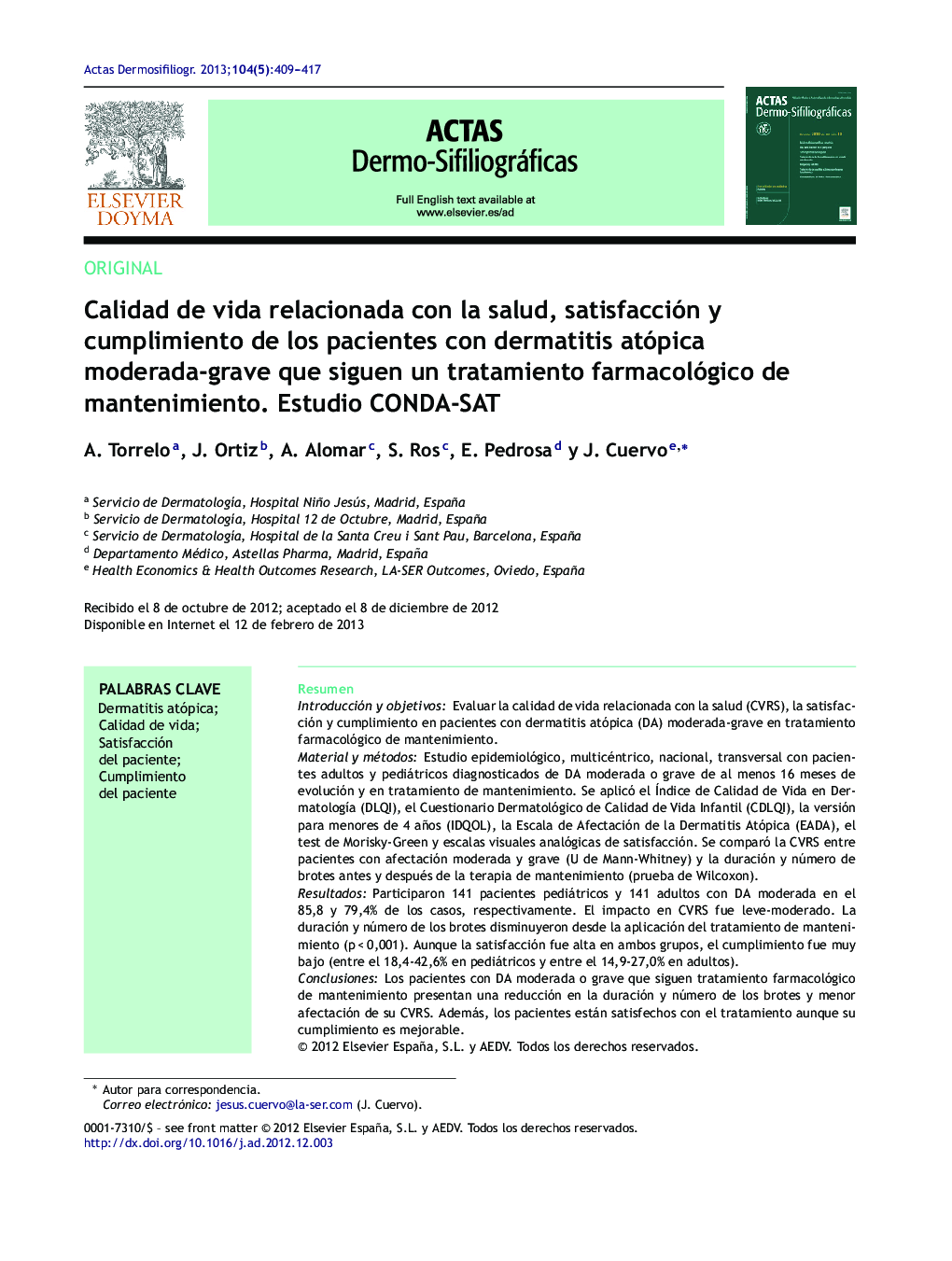 Calidad de vida relacionada con la salud, satisfacción y cumplimiento de los pacientes con dermatitis atópica moderada-grave que siguen un tratamiento farmacológico de mantenimiento. Estudio CONDA-SAT