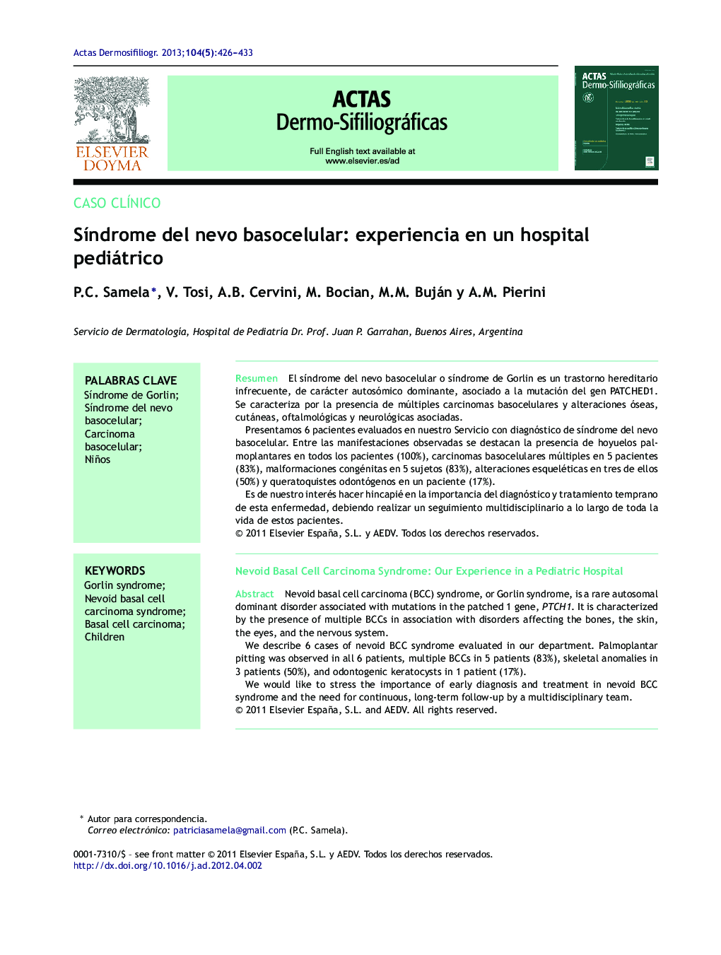 SÃ­ndrome del nevo basocelular: experiencia en un hospital pediátrico