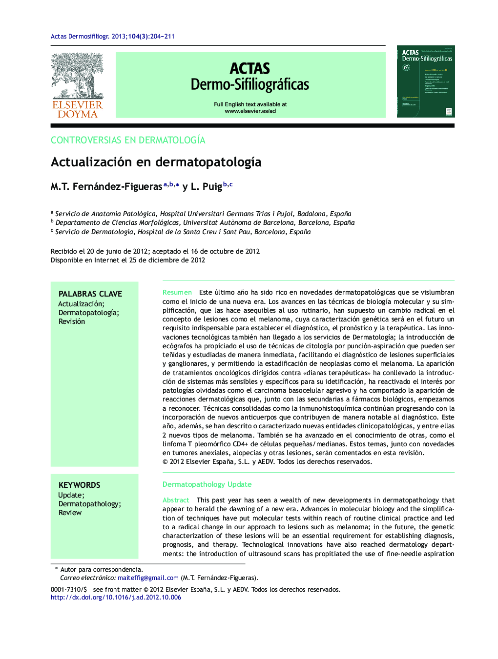 Actualización en dermatopatologÃ­a