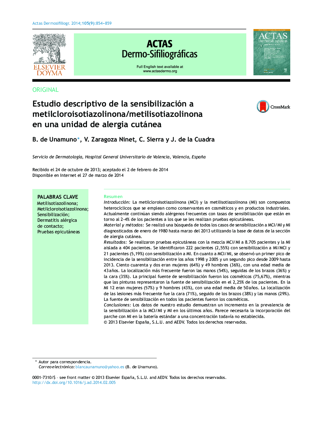 Estudio descriptivo de la sensibilización a metilcloroisotiazolinona/metilisotiazolinona en una unidad de alergia cutánea