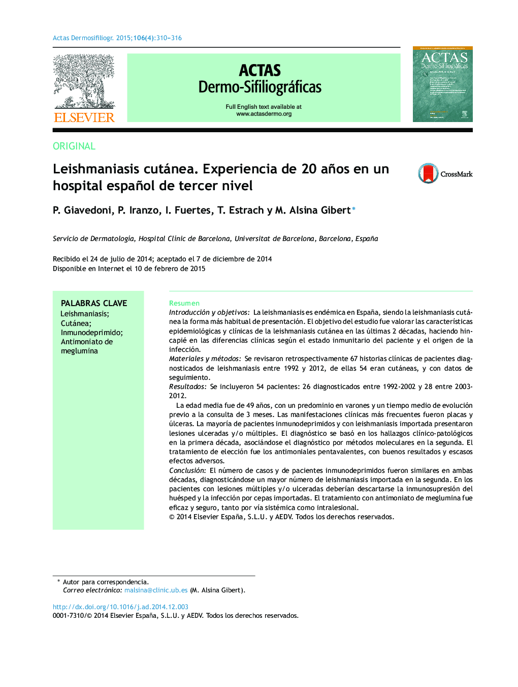 عکس صفحه اول مقاله: Leishmaniasis cutánea. Experiencia de 20 años en un hospital español de tercer nivel Leishmaniasis cutánea. Experiencia de 20 años en un hospital español de tercer nivel