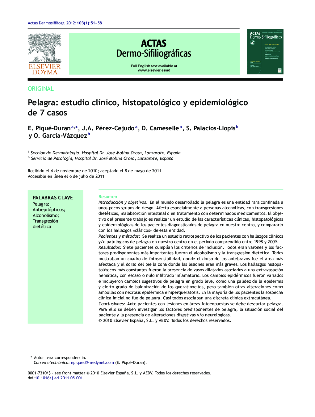 Pelagra: estudio clínico, histopatológico y epidemiológico de 7 casos